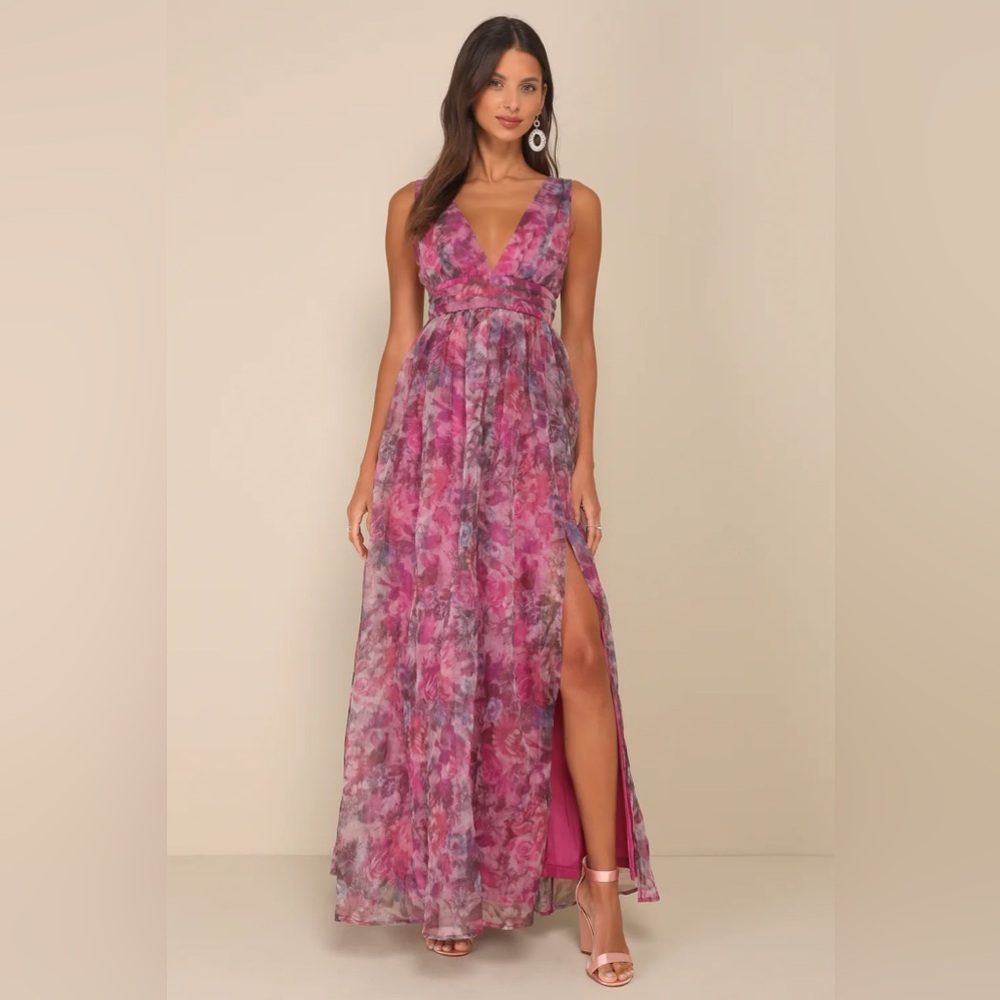 Lulus Garden Romance Magenta Floral Print Organza Maxi Dress XL